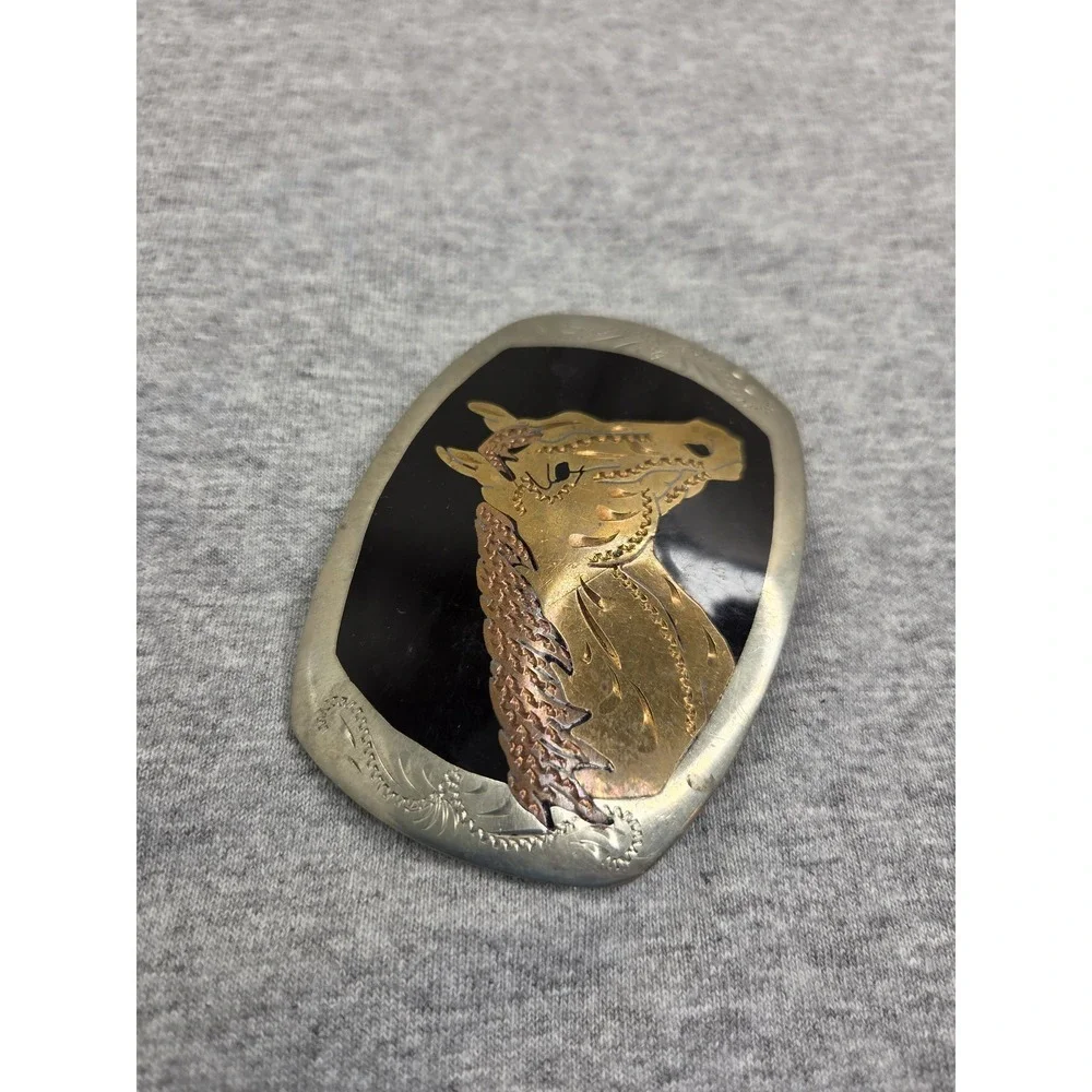 Vintage German Silver Black Enamel Brass Inlay Stallion Horse Belt Buckle
